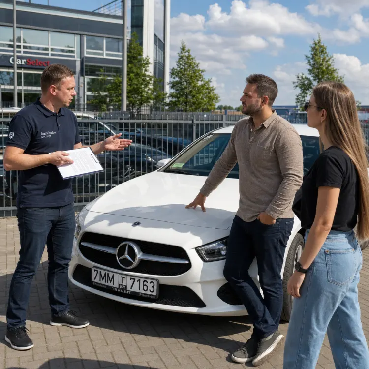 Автоэксперт помогает торговаться с продавцом после проверки автомобиля